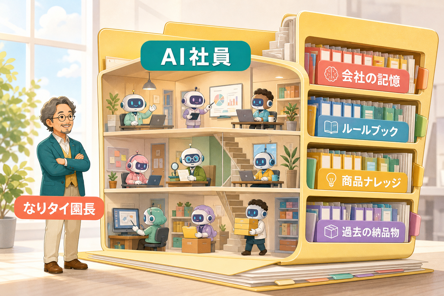 パソコンのフォルダの中に会社が建ち、AI社員がルールや商品知識を読みながら働く様子