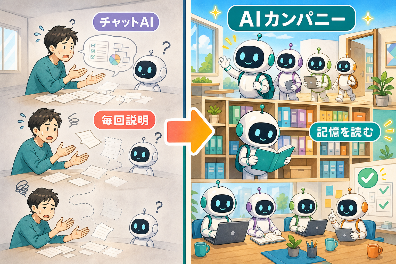 毎回説明が必要なチャットAIと、会社の記憶を読んで働くAIカンパニーの比較図