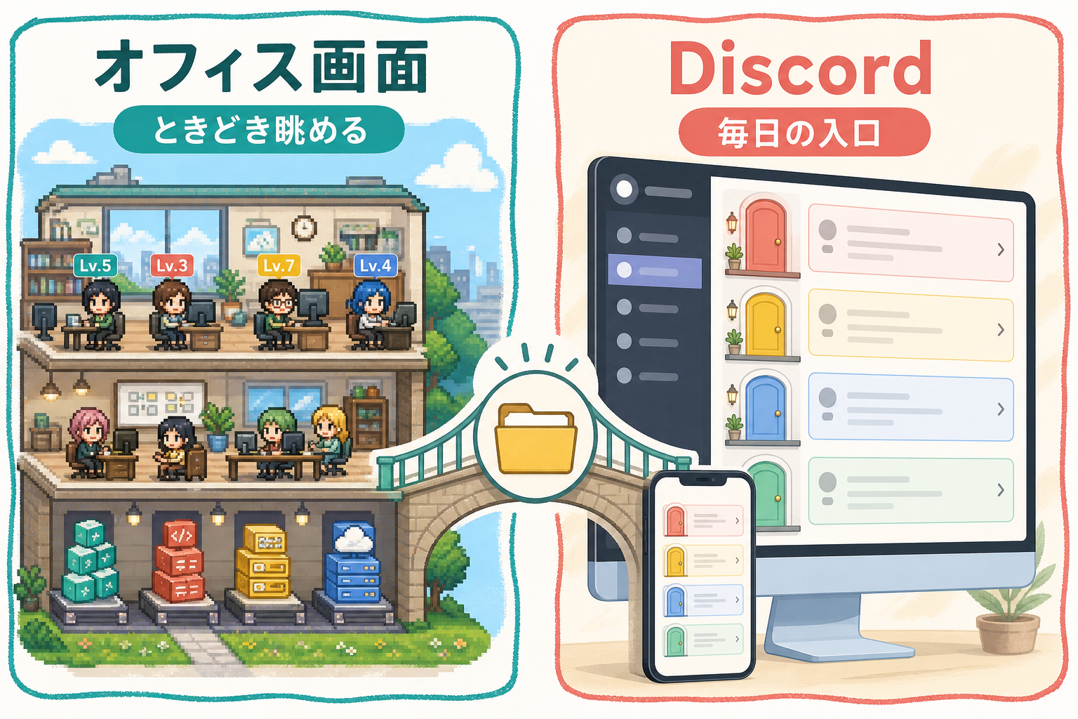社員の様子を見るオフィス画面と、日々の納品・コメント・承認に使うDiscordの役割分担