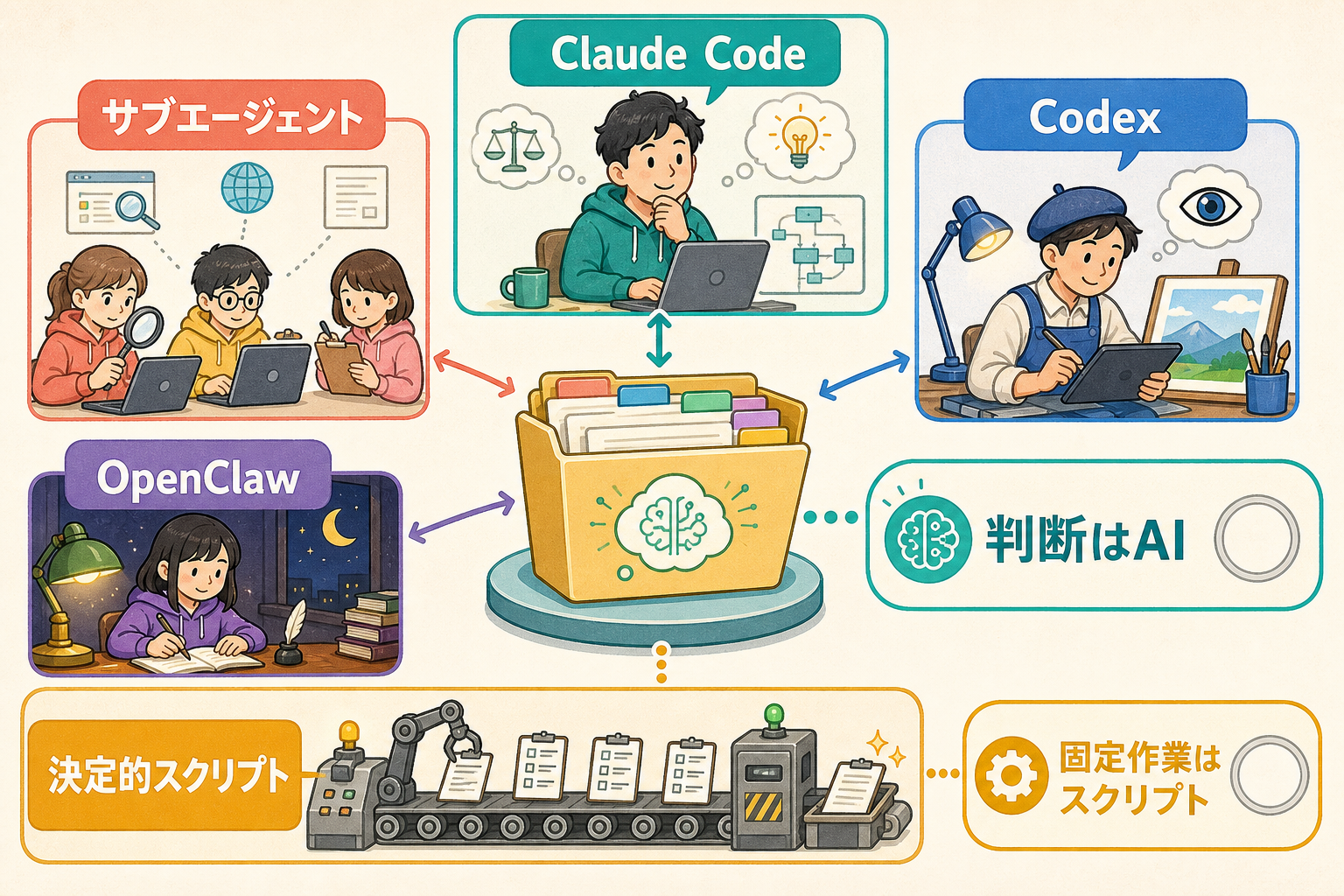 Claude Code、サブエージェント、Codex、OpenClaw、決定的スクリプトの役割分担図