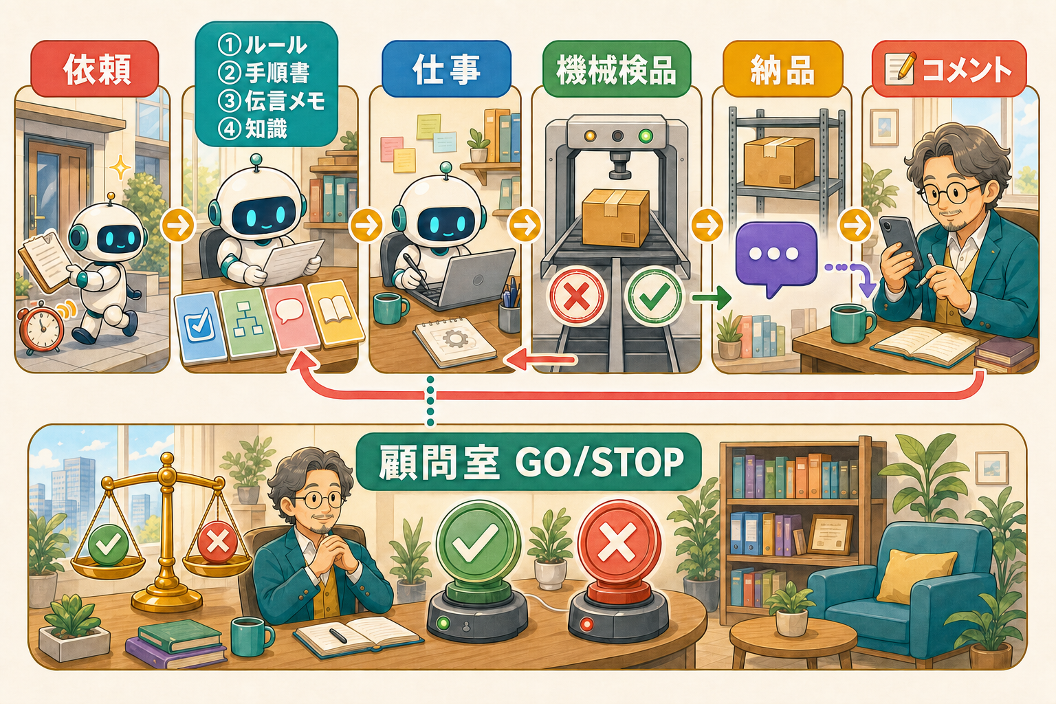 依頼を受けたAI社員がルール、手順書、伝言メモ、知識を順に読み、仕事、機械検品、納品、園長のコメントへ進み、顧問室が仕事の手前でGOまたはSTOPを返す流れ
